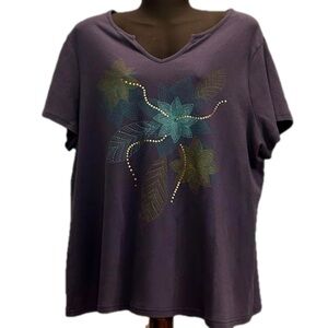 2X White Stag purple blue yellow floral graphic v-neck short sleeve shirt